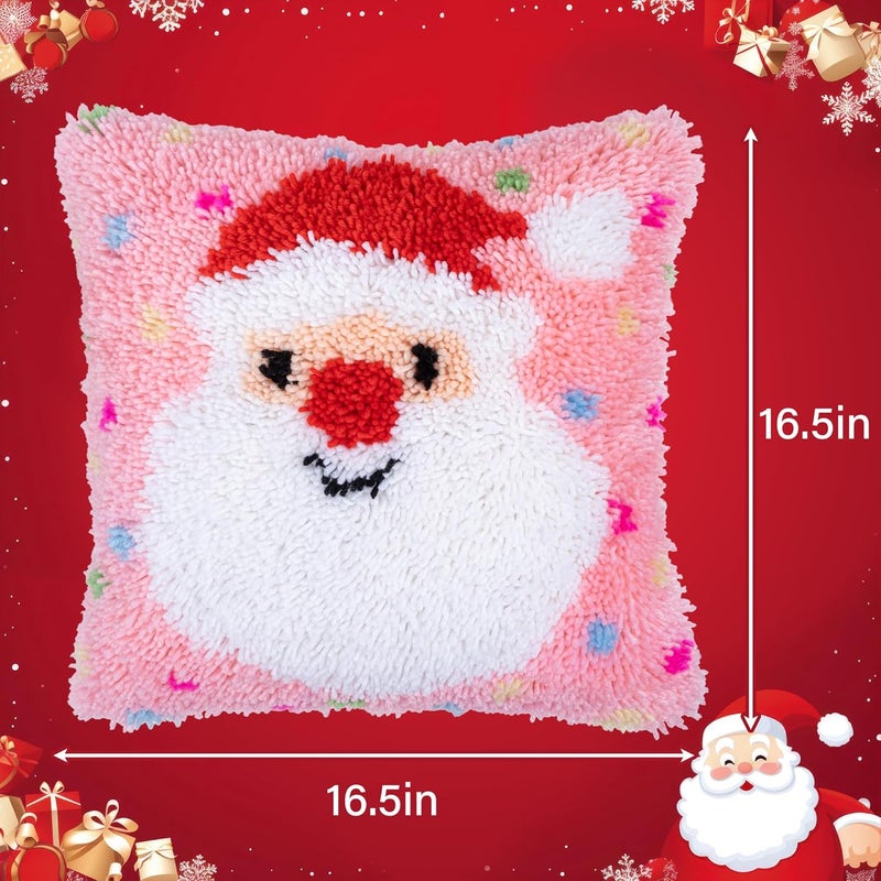 Beyond Your Thoughts Christmas Latch Hook Kits DIY Pink Throw Pillow Cover Cute Santa with Color Pattern Printed for Kids Adults Beginners Family Decoration 16.5 * 16.5 inches BZ2403 - Image 3